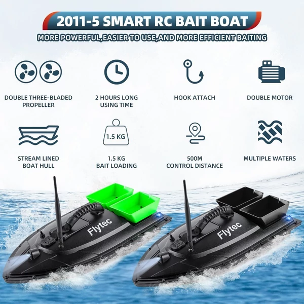 Flytec horgászcsali csónak, 500 méteres távirányító hatótáv, kétmotoros halkereső - Fekete