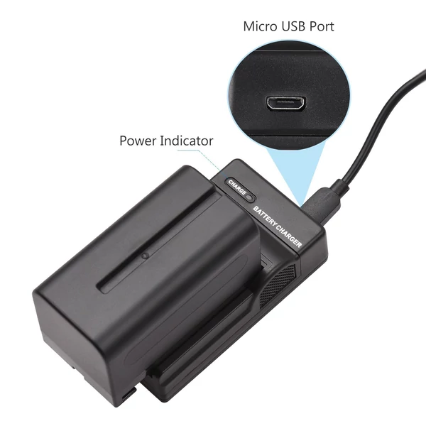 NP-F750/ NP-F770 fényképezőgép akkumulátor és töltő készlet, 1 db 7,2 V 5200 mAh nagyméretű újratölthető akkumulátor USB-kábellel