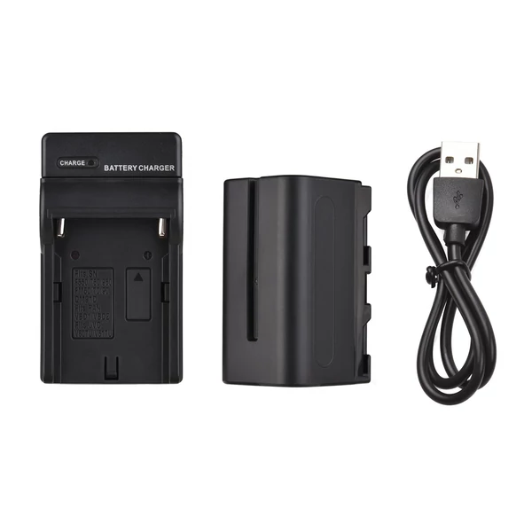 NP-F750/ NP-F770 fényképezőgép akkumulátor és töltő készlet, 1 db 7,2 V 5200 mAh nagyméretű újratölthető akkumulátor USB-kábellel