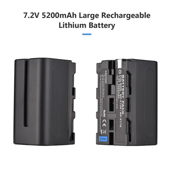 NP-F750/ NP-F770 fényképezőgép akkumulátor és töltő készlet, 1 db 7,2 V 5200 mAh nagyméretű újratölthető akkumulátor USB-kábellel