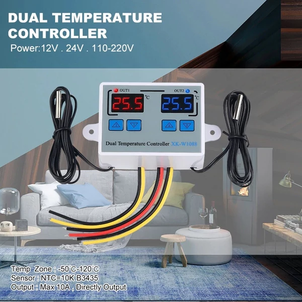 Kettős digitális termosztát, hőmérséklet-szabályozó, két relé kimenetű hőszabályozó - AC110-220V