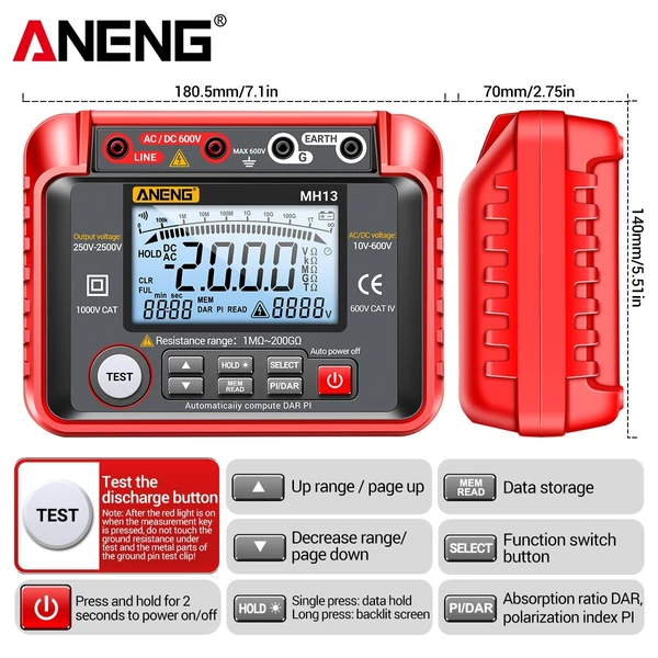 ANENG MH13 250V-2500V digitális szigetelési ellenállás-mérő, 1MΩ-200GΩ Megohm tesztmérő