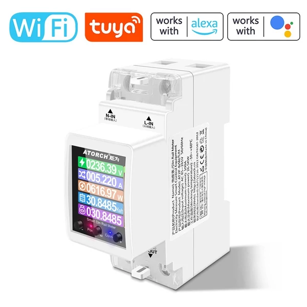 Intelligens egyfázisú Tuya Wifi villanyóra, digitális kijelző, 3 elektromos tarifamód, 35 mm-es DIN-sín telepítés