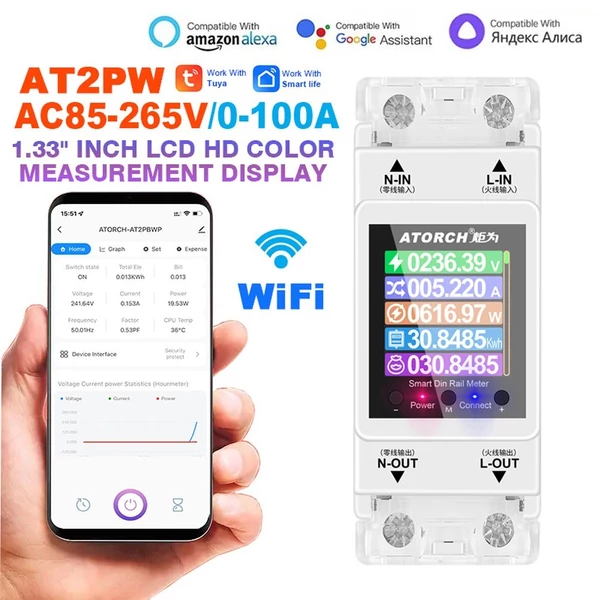 Intelligens egyfázisú Tuya Wifi villanyóra, digitális kijelző, 3 elektromos tarifamód, 35 mm-es DIN-sín telepítés