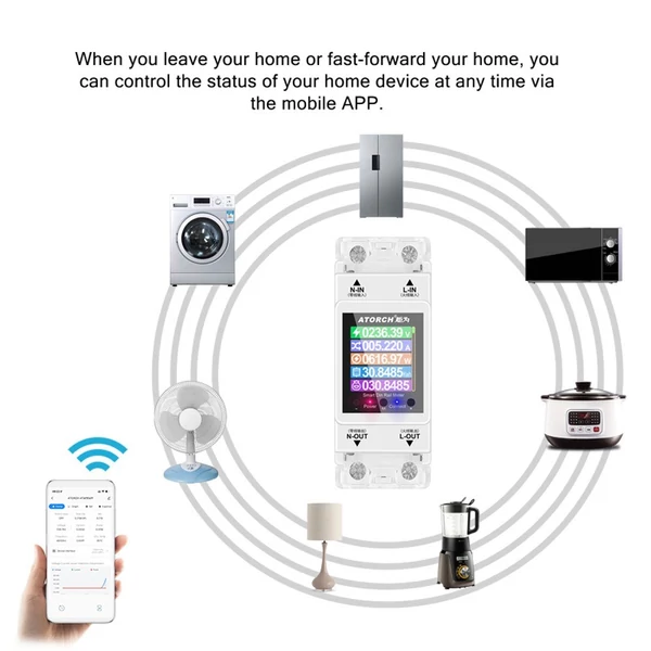 Intelligens egyfázisú Tuya Wifi villanyóra, digitális kijelző, 3 elektromos tarifamód, 35 mm-es DIN-sín telepítés