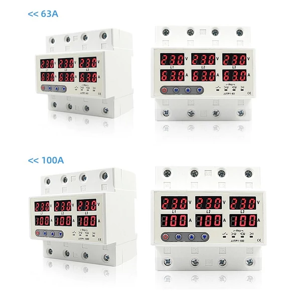 Önvisszaállító védő LCD kijelzővel, túlfeszültség / alulfeszültség / áramkorlátozó megszakító - 63A 220V