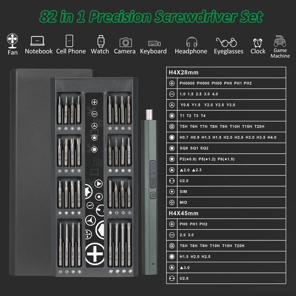 Lítium elektromos csavarhúzó, 82 az 1-ben precíziós csavarhúzó készlet