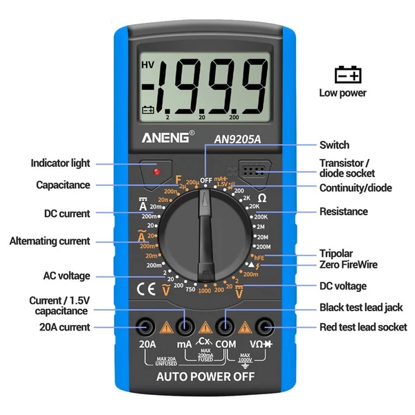ANENG DT9205A+ digitális multiméter, 3 1/2 LCD kijelző, 1999 számláló, kézi hatótávolságú univerzális mérő - Kék