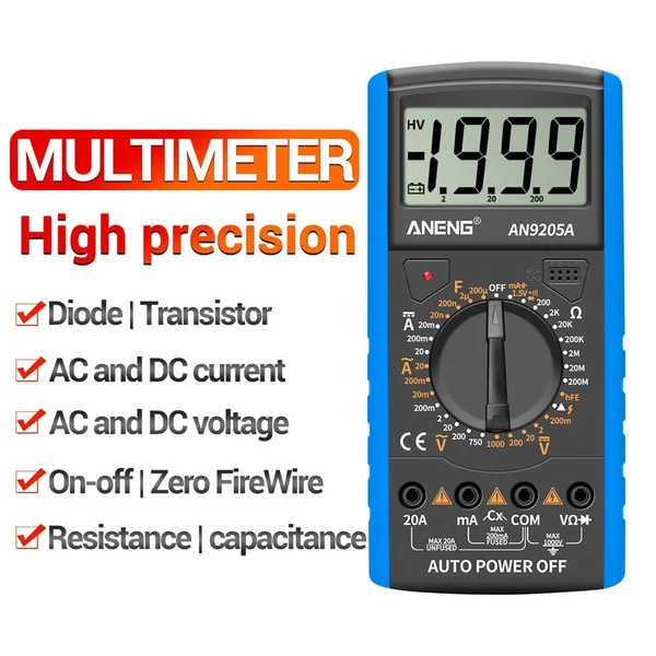 ANENG DT9205A+ digitális multiméter, 3 1/2 LCD kijelző, 1999 számláló, kézi hatótávolságú univerzális mérő - Kék