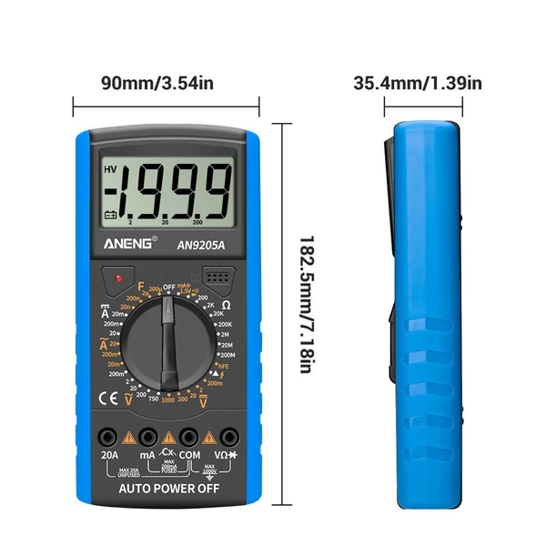 ANENG DT9205A+ digitális multiméter, 3 1/2 LCD kijelző, 1999 számláló, kézi hatótávolságú univerzális mérő - Kék