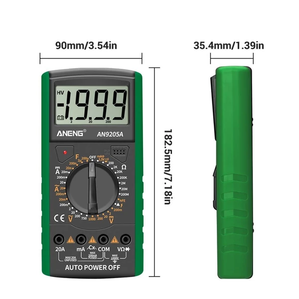ANENG DT9205A+ digitális multiméter, 3 1/2 LCD kijelző, 1999 számláló, kézi hatótávolságú univerzális mérő - Zöld