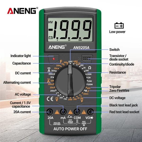 ANENG DT9205A+ digitális multiméter, 3 1/2 LCD kijelző, 1999 számláló, kézi hatótávolságú univerzális mérő - Zöld