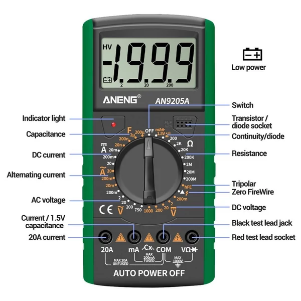 ANENG DT9205A+ digitális multiméter, 3 1/2 LCD kijelző, 1999 számláló, kézi hatótávolságú univerzális mérő - Zöld