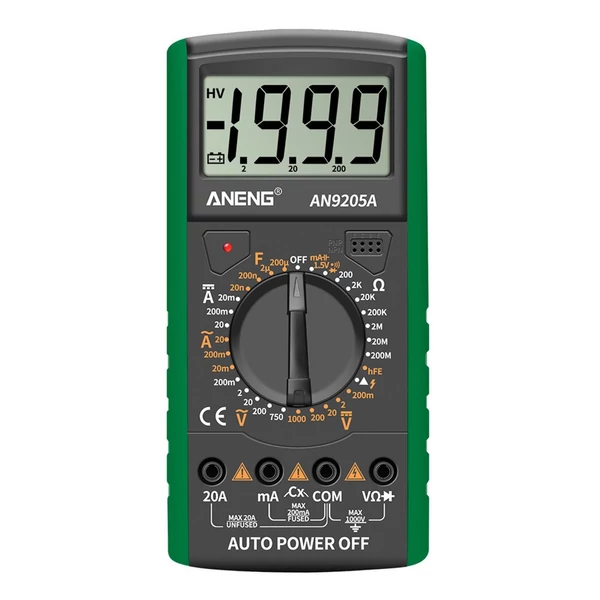 ANENG DT9205A+ digitális multiméter, 3 1/2 LCD kijelző, 1999 számláló, kézi hatótávolságú univerzális mérő - Zöld