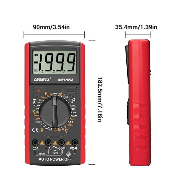 ANENG DT9205A+ digitális multiméter, 3 1/2 LCD kijelző, 1999 számláló, kézi hatótávolságú univerzális mérő - Piros