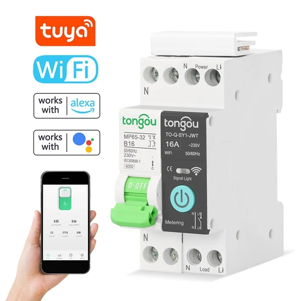 Tuya Wifi intelligens megszakító kompatibilis az Alexa / Google Home hangvezérléssel - Fekete, 16A