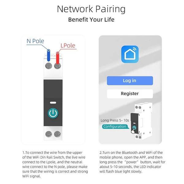 Tuya Wifi intelligens megszakító kompatibilis az Alexa / Google Home hangvezérléssel - Fekete, 16A