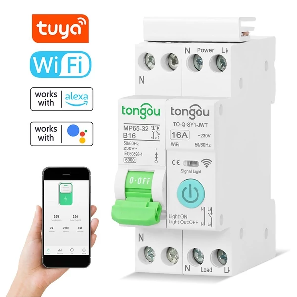Tuya Wifi intelligens megszakító kompatibilis az Alexa / Google Home hangvezérléssel - Fehér, 16A