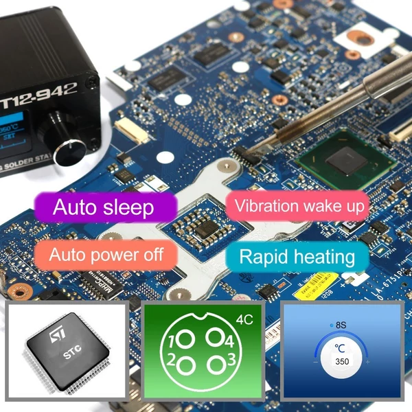 QUICKO Mini T12-942 forrasztóállomás készlet, OLED barkácsforrasztó elektromos szerszámok Hegesztővas hegy - fehér 907 műanyag fogantyú