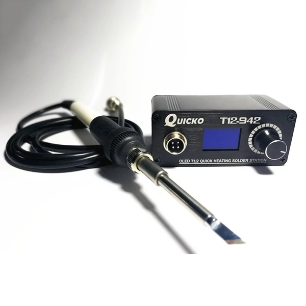 QUICKO Mini T12-942 forrasztóállomás készlet, OLED barkácsforrasztó elektromos szerszámok Hegesztővas hegy - fehér 907 műanyag fogantyú