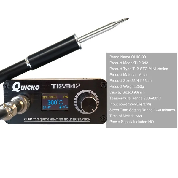 QUICKO Mini T12-942 forrasztóállomás készlet, OLED barkácsforrasztó elektromos szerszámok Hegesztővas hegy - fehér 907 műanyag fogantyú