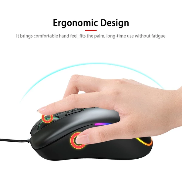 HXSJ J900 USB vezetékes játékegér, RGB játékegér hat állítható DPI-vel - Fekete