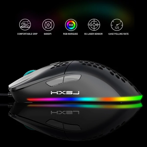 HXSJ J900 USB vezetékes játékegér, RGB játékegér hat állítható DPI-vel - Fekete