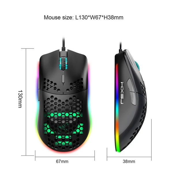 HXSJ J900 USB vezetékes játékegér, RGB játékegér hat állítható DPI-vel - Fekete