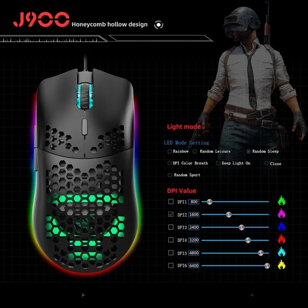 HXSJ J900 USB vezetékes játékegér, RGB játékegér hat állítható DPI-vel - Fekete
