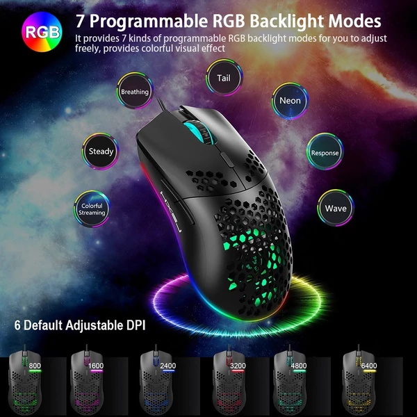 HXSJ J900 USB vezetékes játékegér, RGB játékegér hat állítható DPI-vel - Fekete