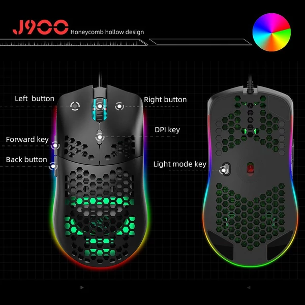 HXSJ J900 USB vezetékes játékegér, RGB játékegér hat állítható DPI-vel - Fekete