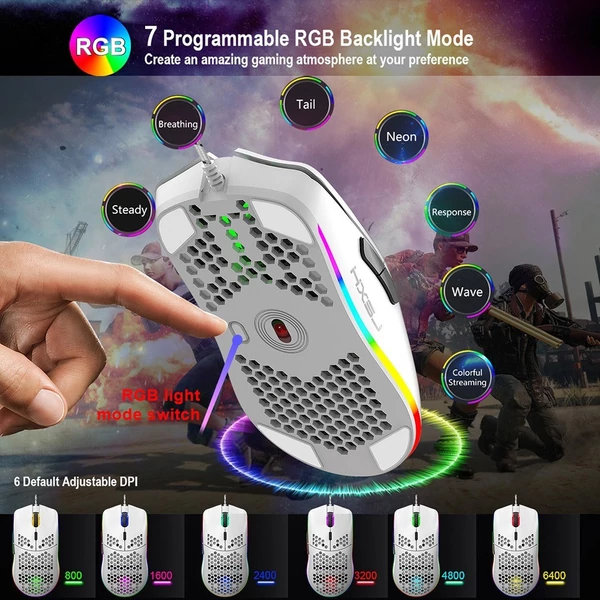 HXSJ J900 USB vezetékes játékegér, RGB játékegér hat állítható DPI-vel - Fehér