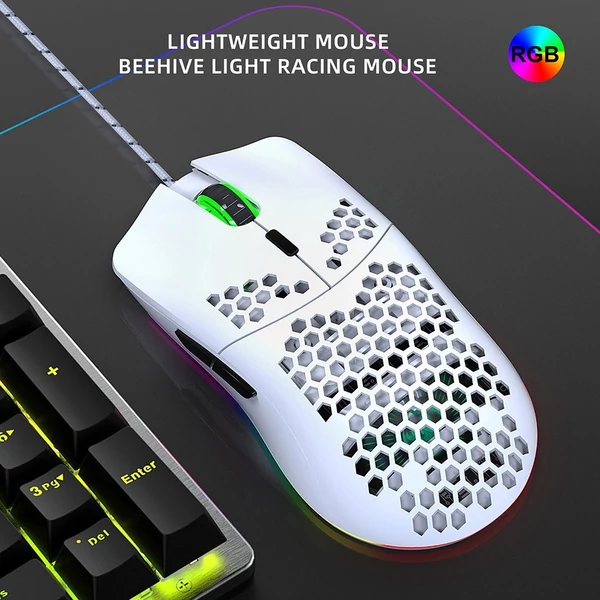 HXSJ J900 USB vezetékes játékegér, RGB játékegér hat állítható DPI-vel - Fehér