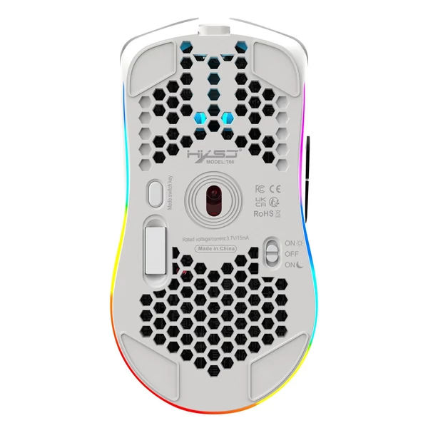 Vezeték nélküli játék egér, 3 módú BT 5.3 + 2.4G + USB-C, színes LED 800-3600 mozgási sebesség - Fehér