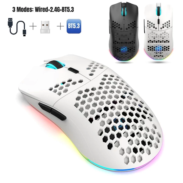Vezeték nélküli játék egér, 3 módú BT 5.3 + 2.4G + USB-C, színes LED 800-3600 mozgási sebesség - Fehér