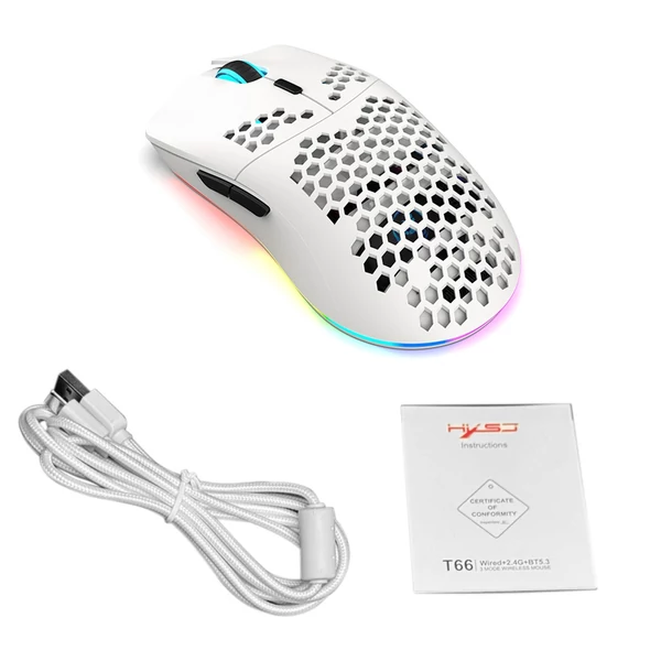 Vezeték nélküli játék egér, 3 módú BT 5.3 + 2.4G + USB-C, színes LED 800-3600 mozgási sebesség - Fehér