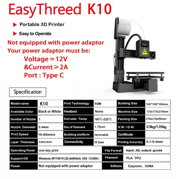 EasyThreed K10 3D nyomtató gyerekeknek, 100x100x100mm, levehető platform, egygombos nyomtatás, Easyware szoftver, kezdőknek, otthonra, oktatáshoz - Fekete