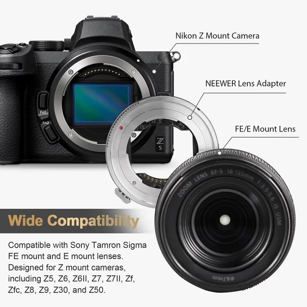 Fém objektív adapter gyűrű: Sony E-bajonett Nikon Z-hez - Automata fókusz, Z30-Z9 kompatibilis