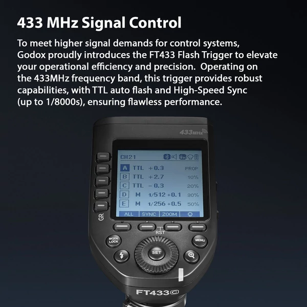 Godox FT433 TTL Vezeték nélküli Vakukioldó 433MHz, 1/8000s HSS, APP vezérlés, Canon R8/R6/R5/850D/800D és Godox AD200Pro/AD600Pro kompatibilis