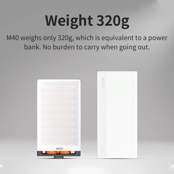 ZHIYUN M40 40W hordozható LED videólámpa – Állítható fényerő (2700K-6200K), 14000 lux, CRI 96+, gyors PD töltés vloghoz és élő közvetítéshez