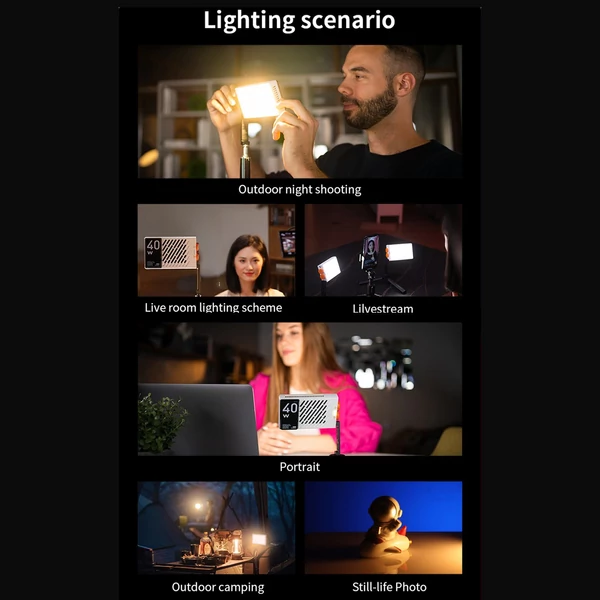 ZHIYUN M40 40W hordozható LED videólámpa – Állítható fényerő (2700K-6200K), 14000 lux, CRI 96+, gyors PD töltés vloghoz és élő közvetítéshez