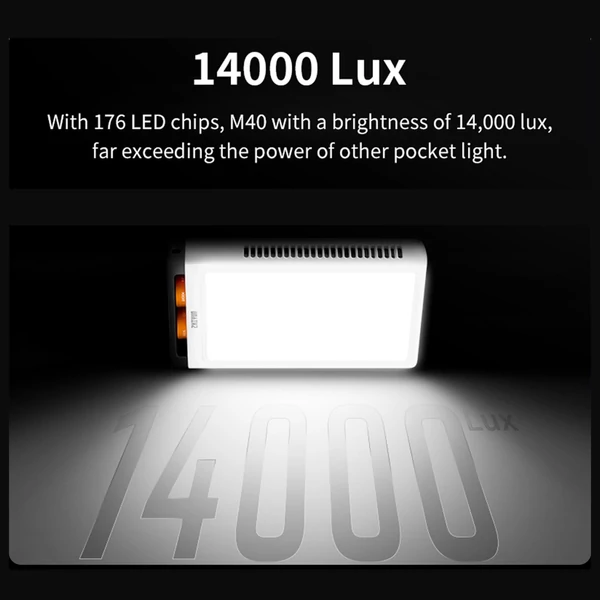ZHIYUN M40 40W hordozható LED videólámpa – Állítható fényerő (2700K-6200K), 14000 lux, CRI 96+, gyors PD töltés vloghoz és élő közvetítéshez