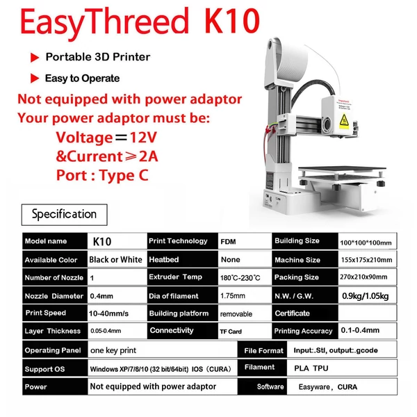 EasyThreed K10 3D nyomtató gyerekeknek, 100x100x100mm, levehető platform, egygombos nyomtatás, Easyware szoftver, kezdőknek, otthonra, oktatáshoz - Fehér
