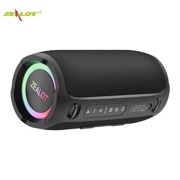 Zealot S76 hordozható vezeték nélküli hangszóró – 50 W, RGB fény, vízálló, porálló, HiFi hangzás, 8000 mAh akku, BT 5.3, TWS, több mód - Fekete