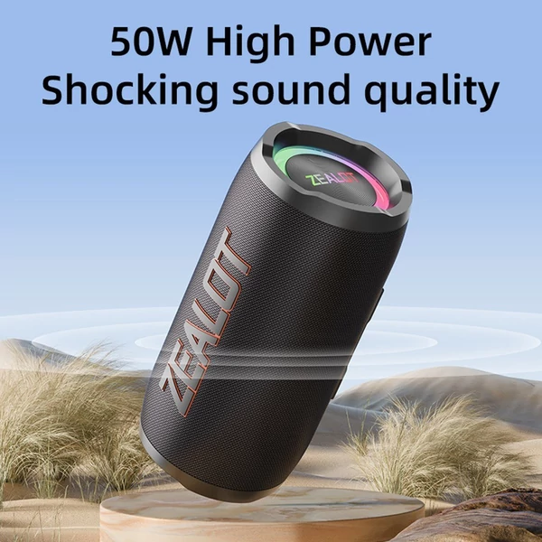 Zealot S76 hordozható vezeték nélküli hangszóró – 50 W, RGB fény, vízálló, porálló, HiFi hangzás, 8000 mAh akku, BT 5.3, TWS, több mód - Fekete