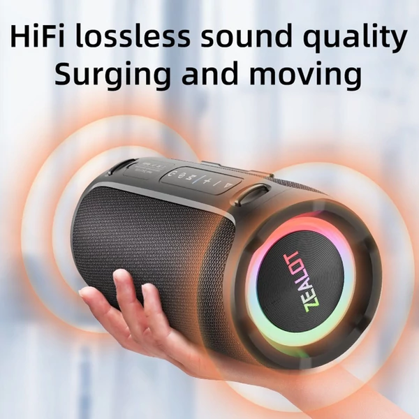 Zealot S76 hordozható vezeték nélküli hangszóró – 50 W, RGB fény, vízálló, porálló, HiFi hangzás, 8000 mAh akku, BT 5.3, TWS, több mód - Fekete