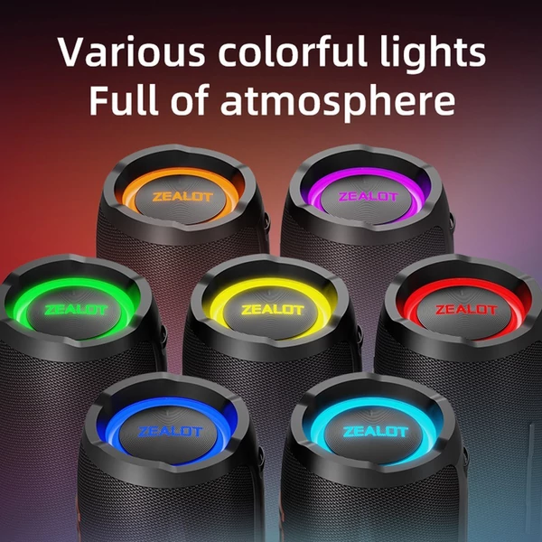 Zealot S76 hordozható vezeték nélküli hangszóró – 50 W, RGB fény, vízálló, porálló, HiFi hangzás, 8000 mAh akku, BT 5.3, TWS, több mód - Fekete