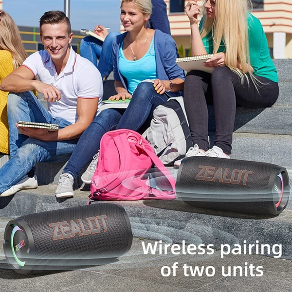 Zealot S76 hordozható vezeték nélküli hangszóró – 50 W, RGB fény, vízálló, porálló, HiFi hangzás, 8000 mAh akku, BT 5.3, TWS, több mód - Fekete