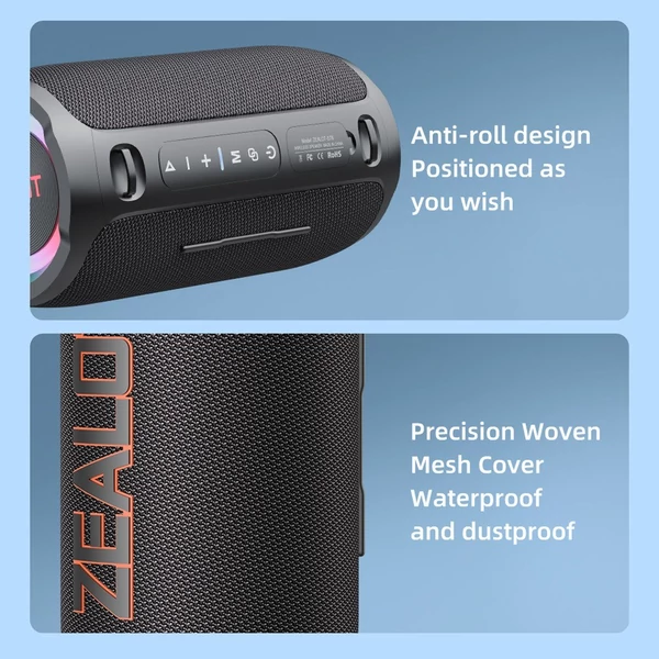 Zealot S76 hordozható vezeték nélküli hangszóró – 50 W, RGB fény, vízálló, porálló, HiFi hangzás, 8000 mAh akku, BT 5.3, TWS, több mód - Fekete