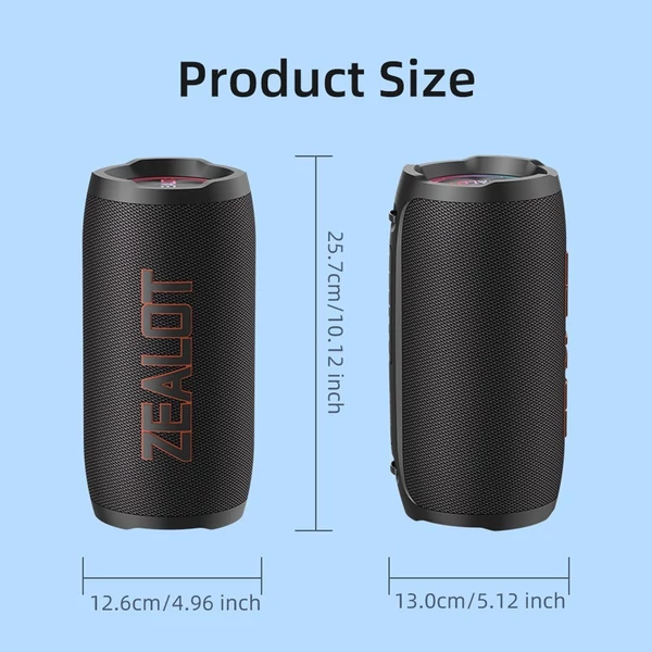 Zealot S76 hordozható vezeték nélküli hangszóró – 50 W, RGB fény, vízálló, porálló, HiFi hangzás, 8000 mAh akku, BT 5.3, TWS, több mód - Fekete